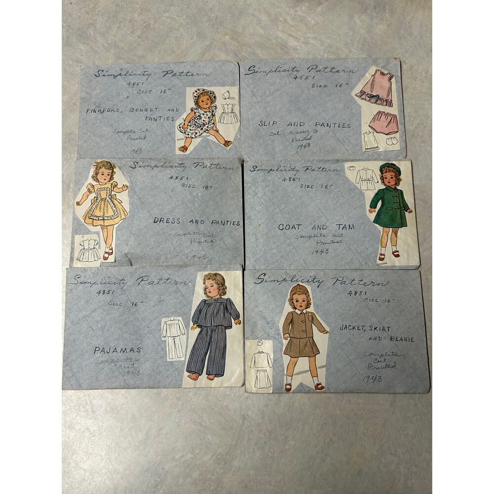 Vintage 1940's Simplicity Pattern #4851 Doll Wardrobe 16"‎